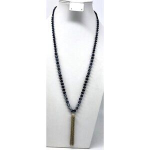 Ann Taylor Tassel Crystal Faceted Navy Blue Black Gold Tone Necklace 28" EUC